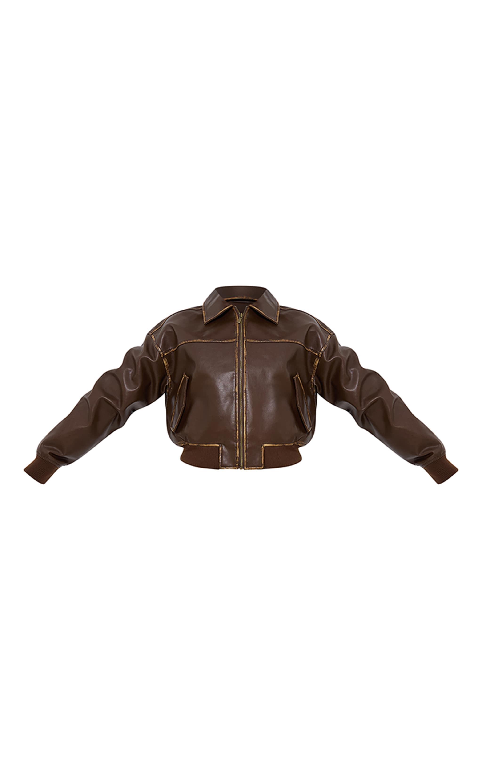 Brown Bleach Detail Faux Leather Cropped Bomber Jacket Product Image