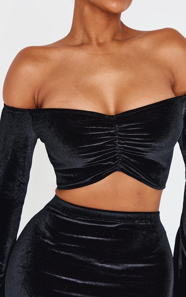 Shape Black Velour Bardot Ruched Sleeve Crop Top Product Image