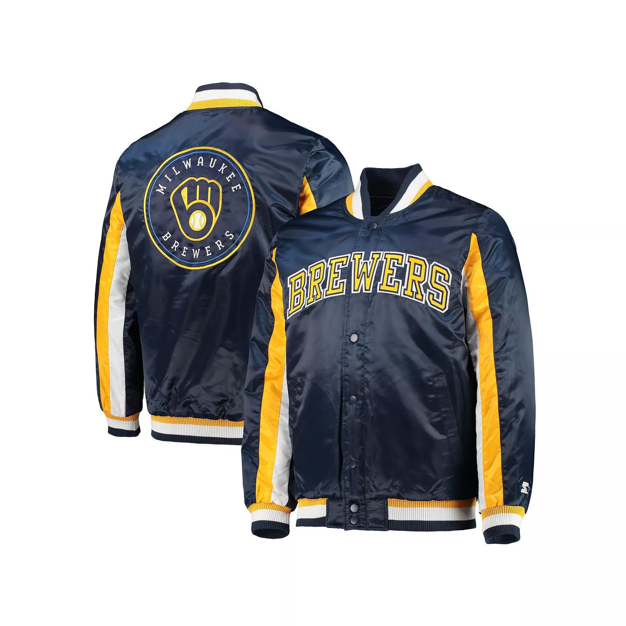 Men's Starter Navy Milwaukee Brewers The Ace Satin Full-Snap Jacket, Size: Small, Blue Product Image