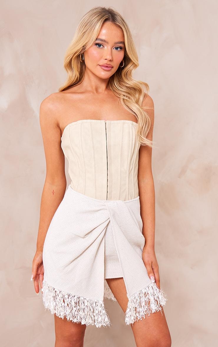 White Boucle Tassel Hem Drape Front Mini Skirt Product Image