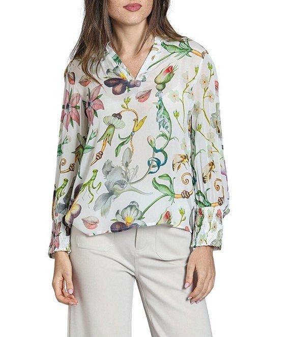 APNY Woven Printed Split V-Neck Long Sleeve Blouse Product Image