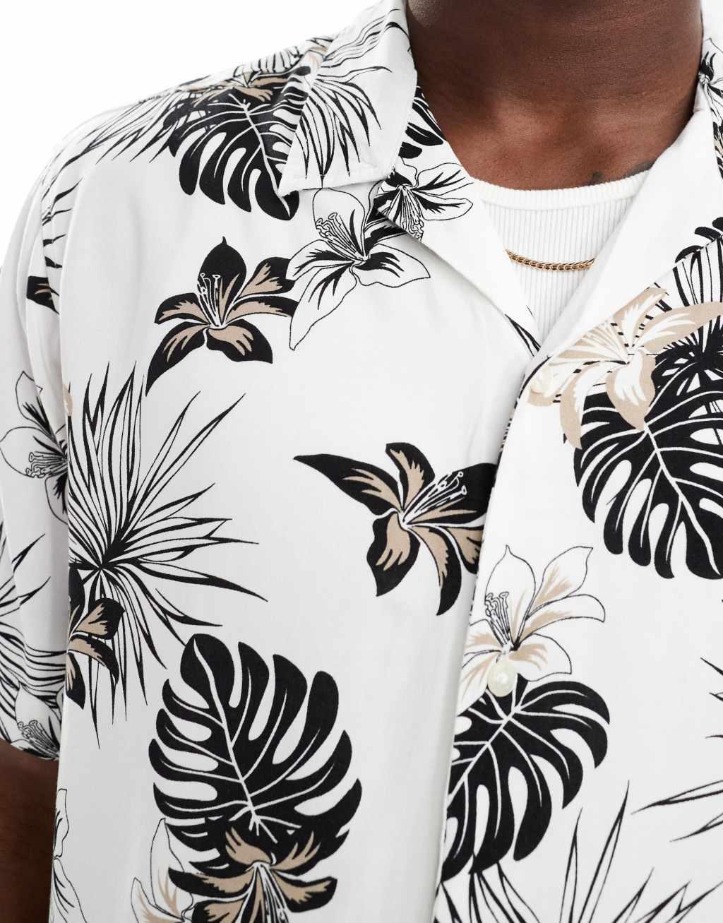 Jack & Jones revere collar shirt in white palm print Product Image