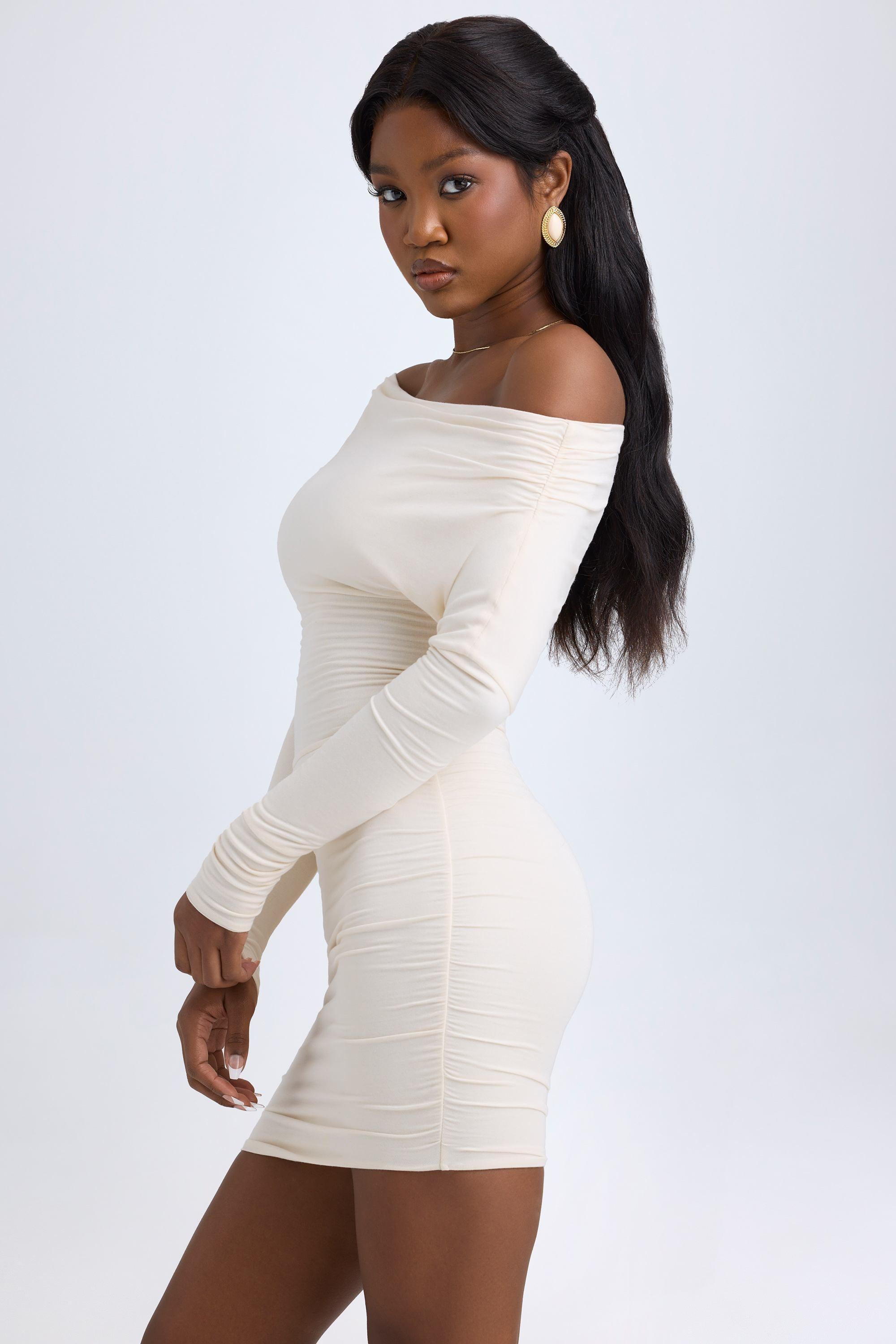 Modal Off-Shoulder Ruched Mini Dress in Ivory Product Image