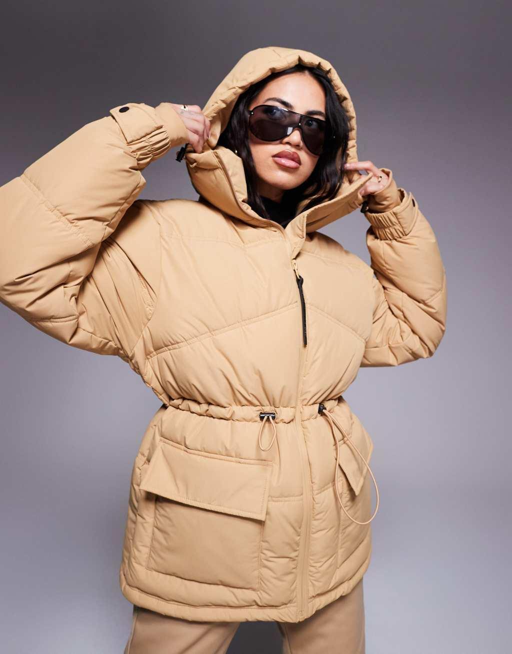 4505 Ski drawstring waist insulated ski jacket with hood in caramel  Product Image