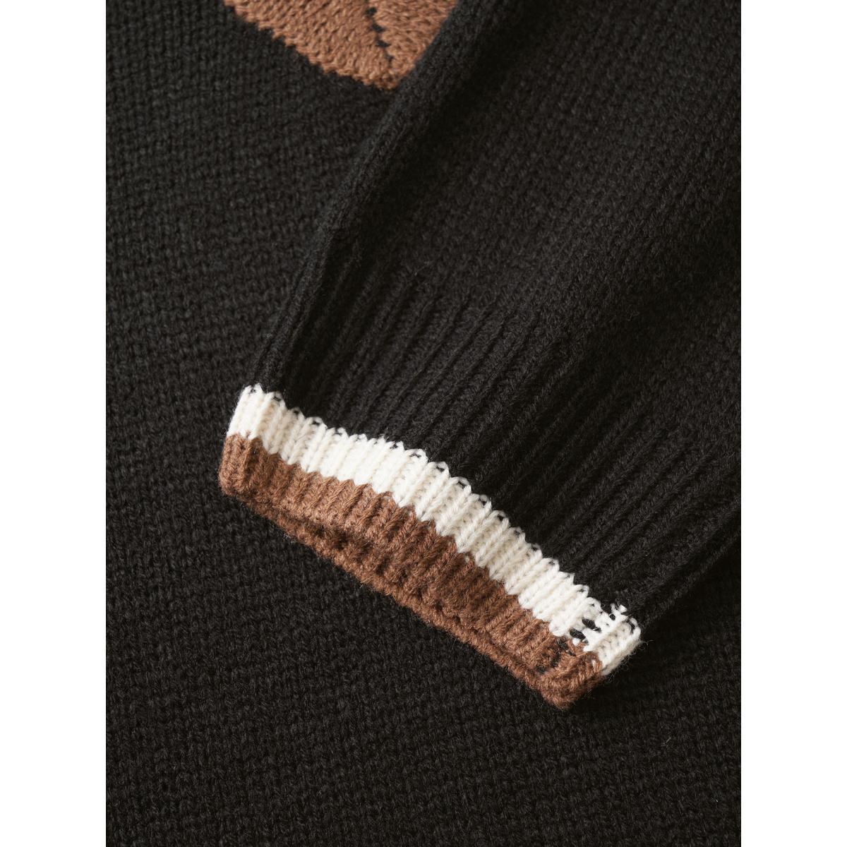 Plus Size V Contrast Striped Patchwork Knit Pullover Black Women Casual Loose Long Sleeve V-neck Dailywear Pullovers BloomChic 14-16/1X Product Image