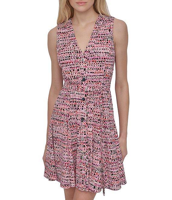 DKNY by Donna Karan Jersey V-Neck Sleeveless Button Front Fit And Flare Dress Product Image