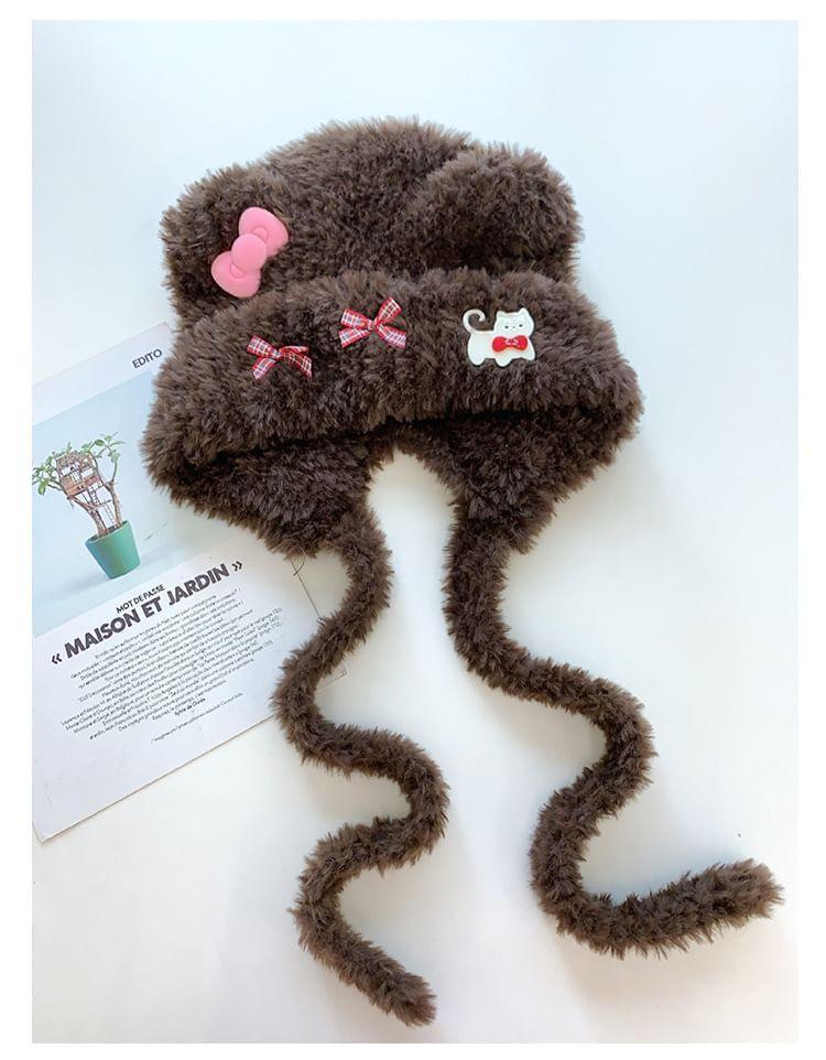 Cat Ribbon Bear Ear Chenille Hat Product Image