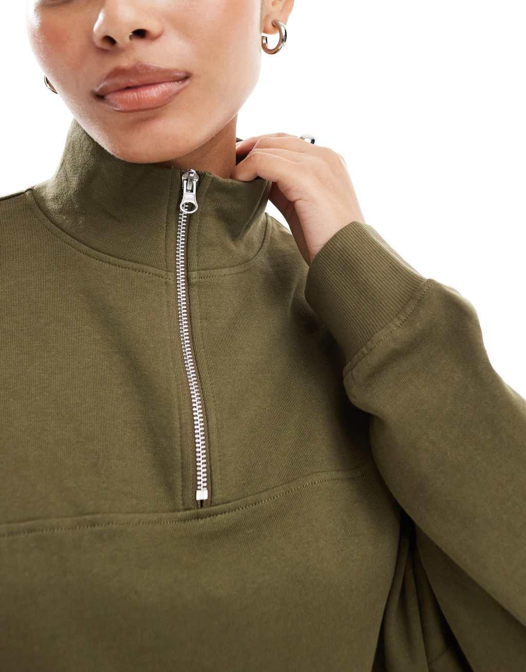 ASOS DESIGN half zip sweatshirt in khaki Product Image