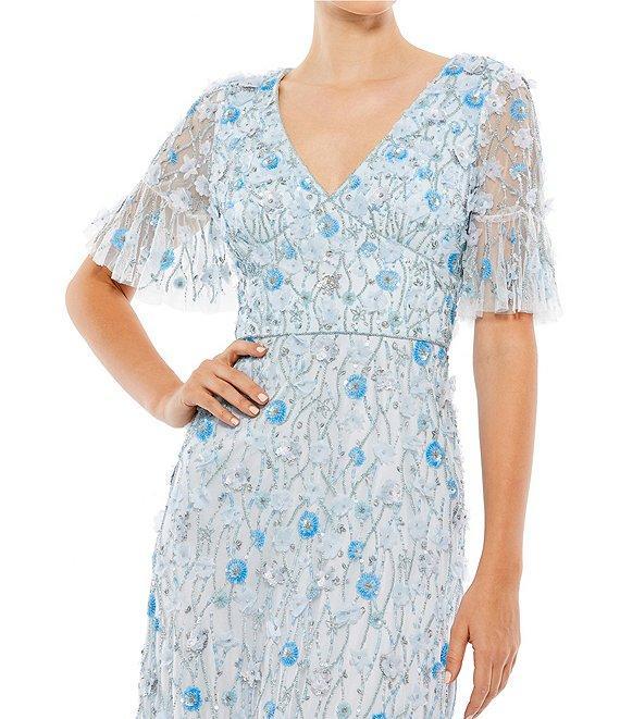 Mac Duggal V-Neck Neck Flutter Sleeve Embellished Mesh Column Gown Product Image