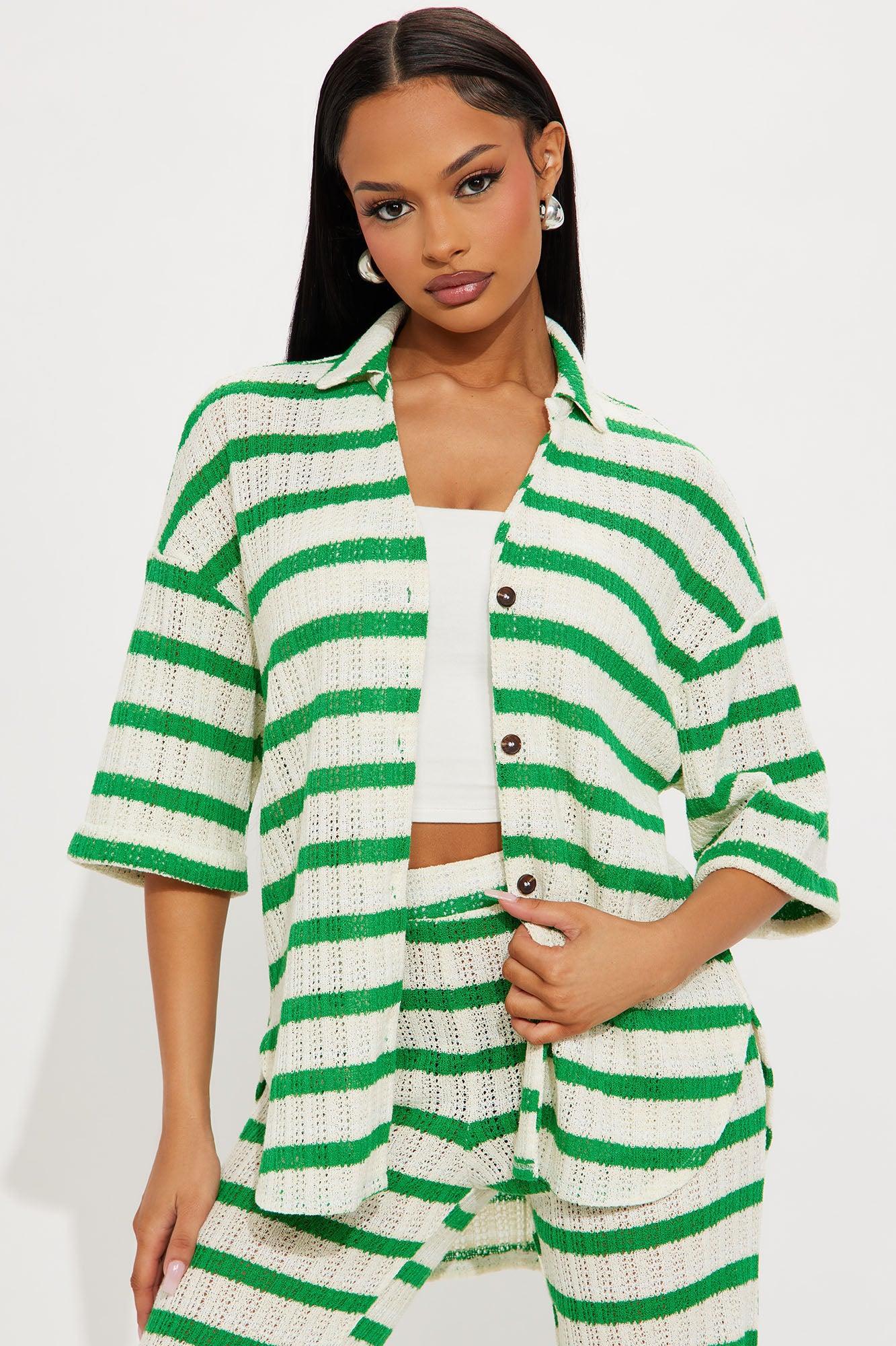 Seaside Stripes Crochet Pant Set - Green/combo Product Image