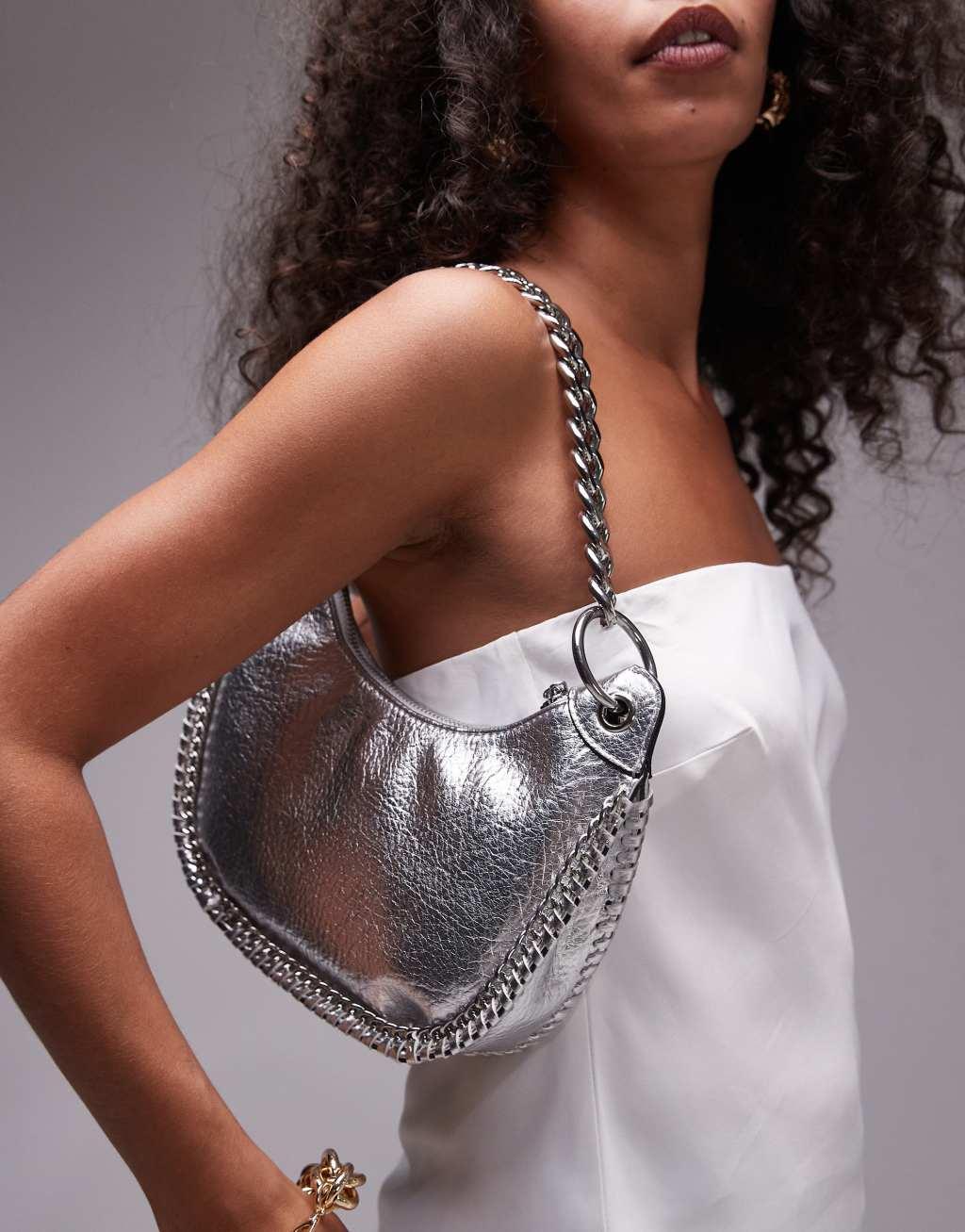 Topshop Sohara scoop shoulder bag with chain detail in silver Product Image