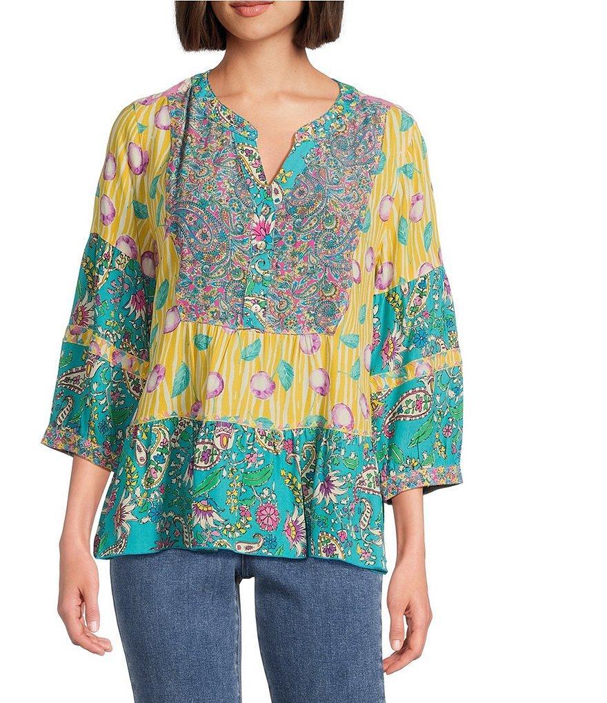 John Mark Embroidered Multi Print Banded Y-Neck 3/4 Sleeve Popover Top Product Image
