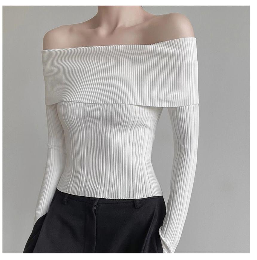 Long Sleeve Off Shoulder Plain Ribbed Knit Top Product Image