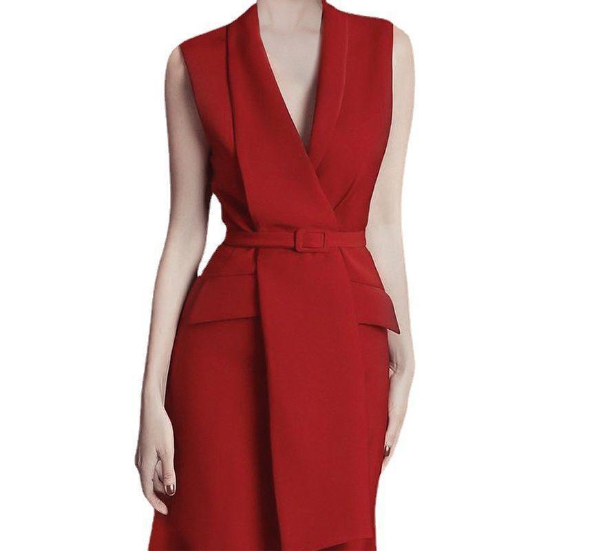 Sleeveless Asymmetrical Lapel Plain Belted Midi A-Line Dress Product Image