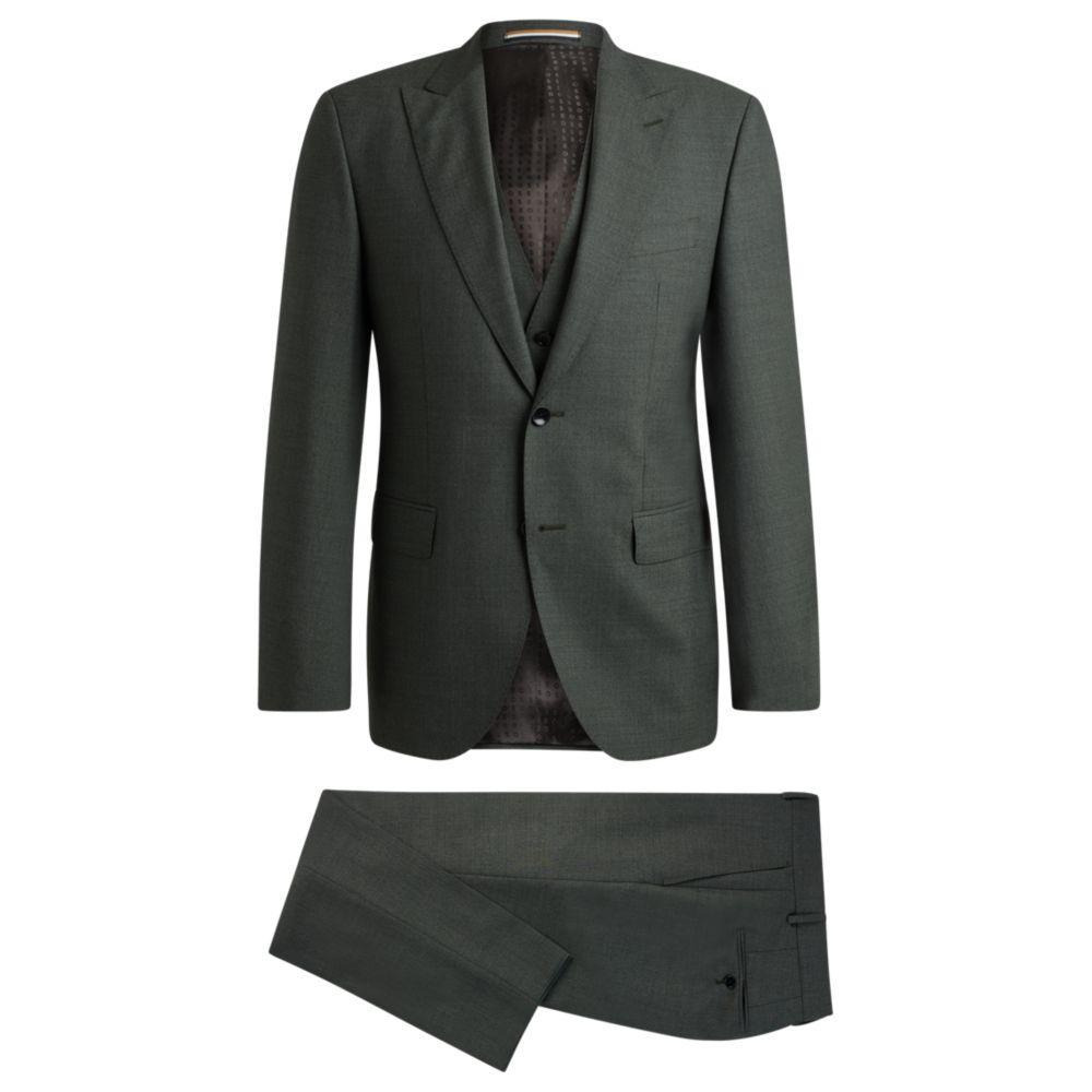 HUGO BOSS Regular-fit Three-piece Suit In Melange Virgin Wool In Green Product Image