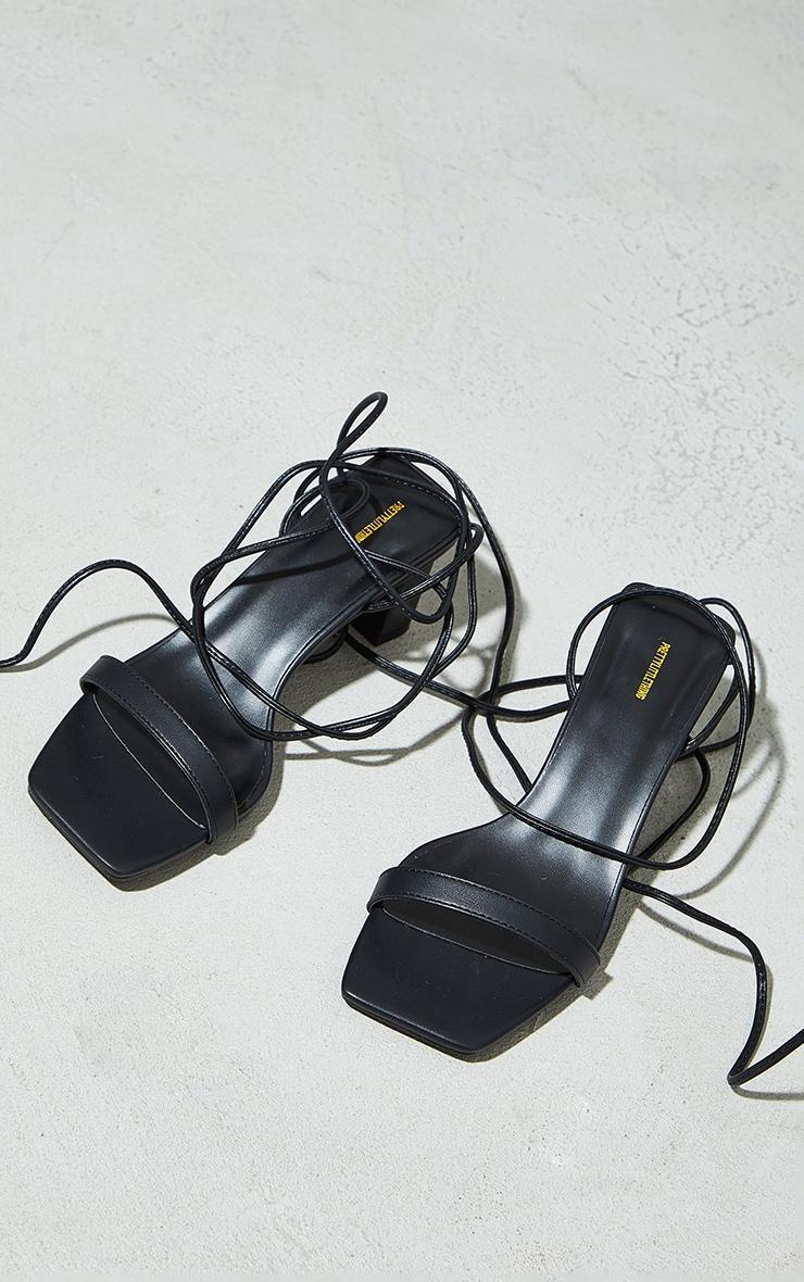 Black Wide Fit PU Square Toe Lace Up Low Block Heeled Sandals Product Image