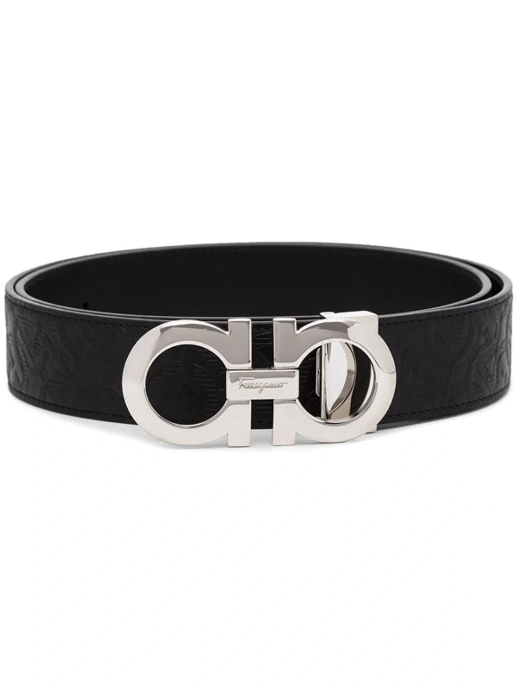 FERRAGAMO Black Gancini Reversible Embossed Leather Belt Product Image