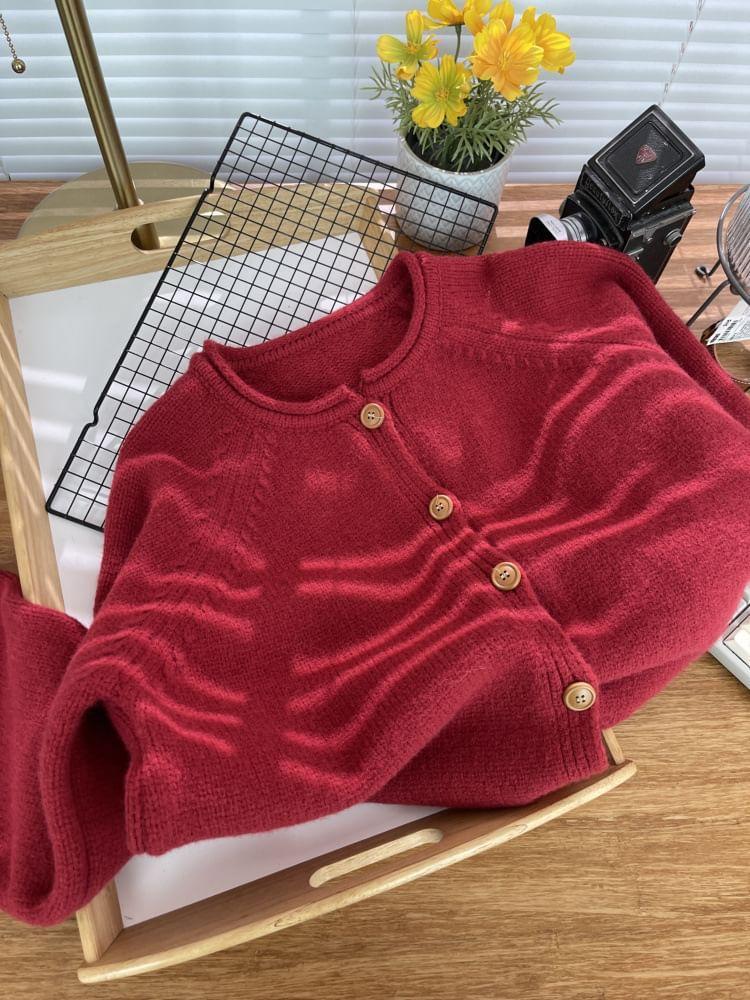 Crew Neck Plain Button-Up Cardigan Product Image