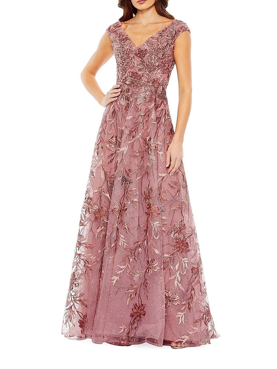Womens Embellished Floral Cap-Sleeve Gown Product Image