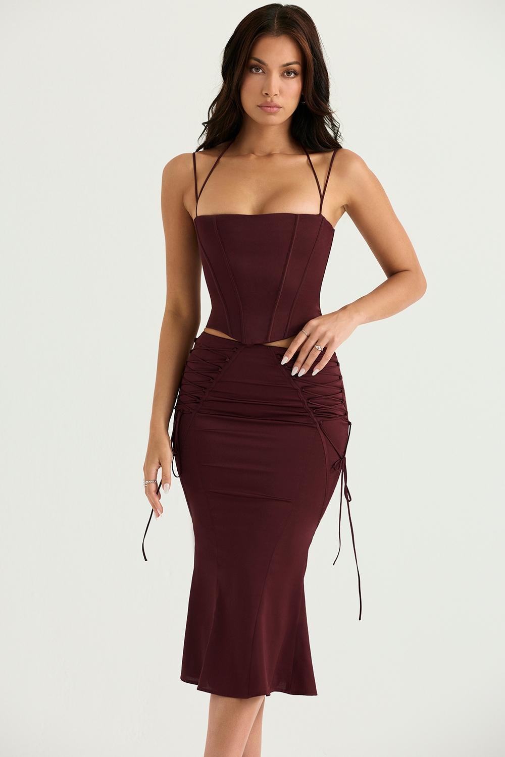 Sidonie Wine Satin Lace Up Midi Skirt Product Image