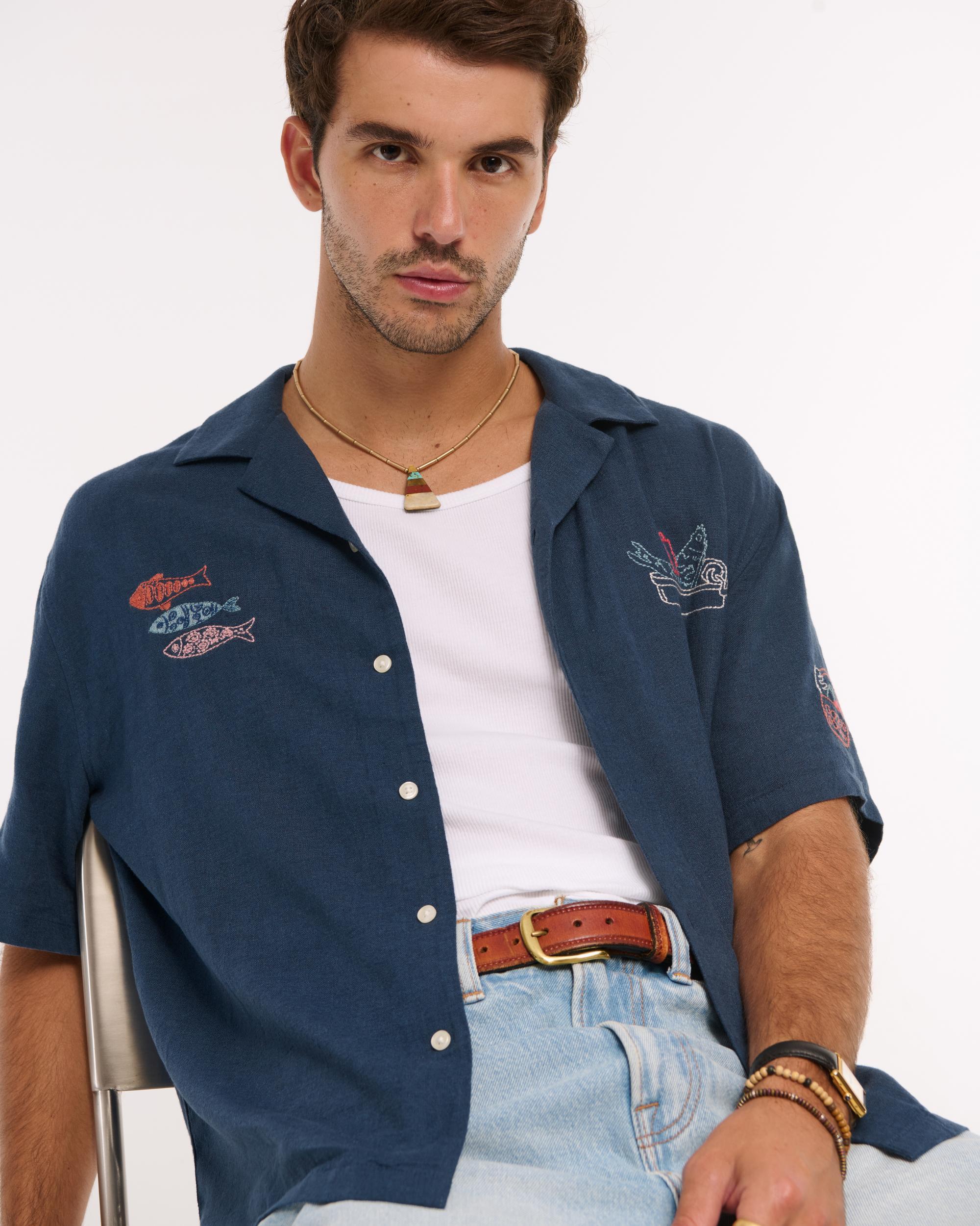 Camp Collar Cropped Summer Linen-Blend Shirt Product Image