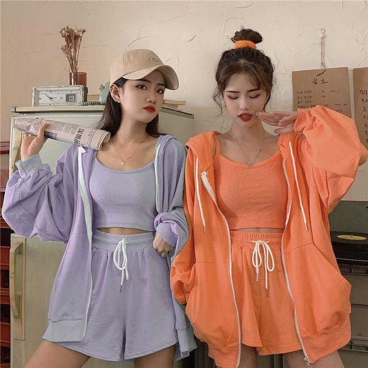 Set: Cropped Camisole Top + Drawstring Shorts + Zip-Up Hoodie Product Image