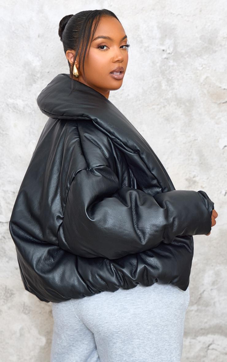 Plus Deep Black Exaggerated Collar PU Cropped Puffer Coat Product Image