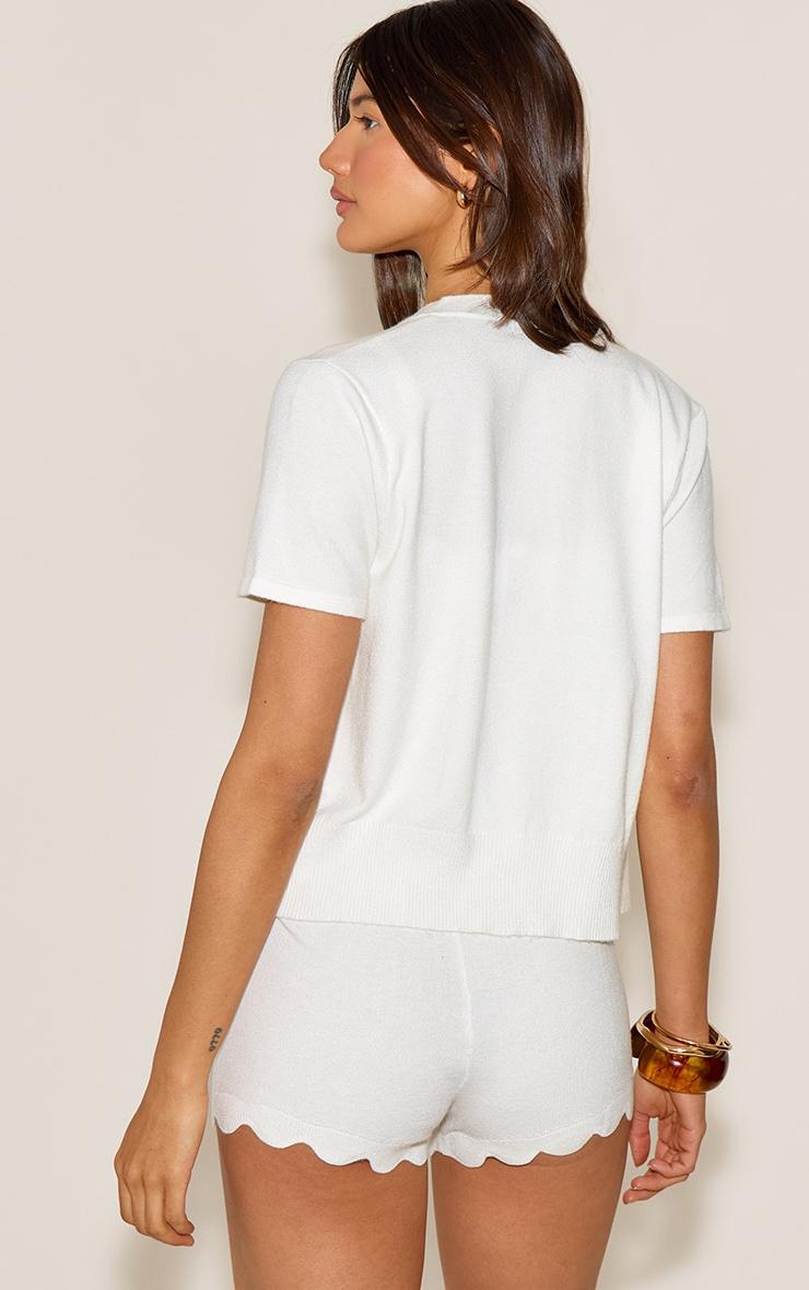 White Soft Knit Scallop Hem Fitted Cardigan Product Image