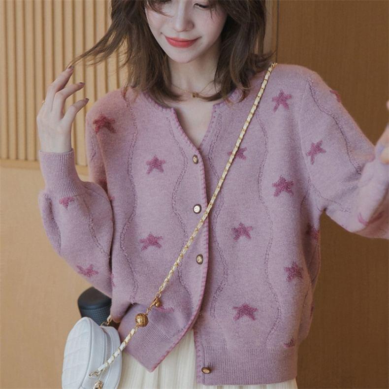 Round Neck Star Print Button Cropped Cardigan Product Image