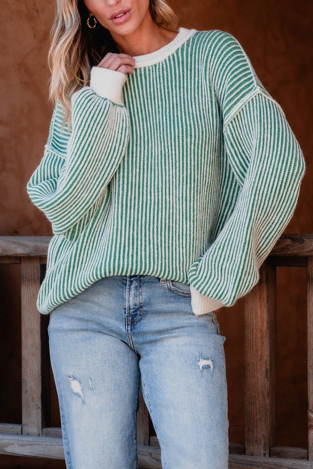 Green Striped Seam Detail Sweater - FINAL SALE Product Image