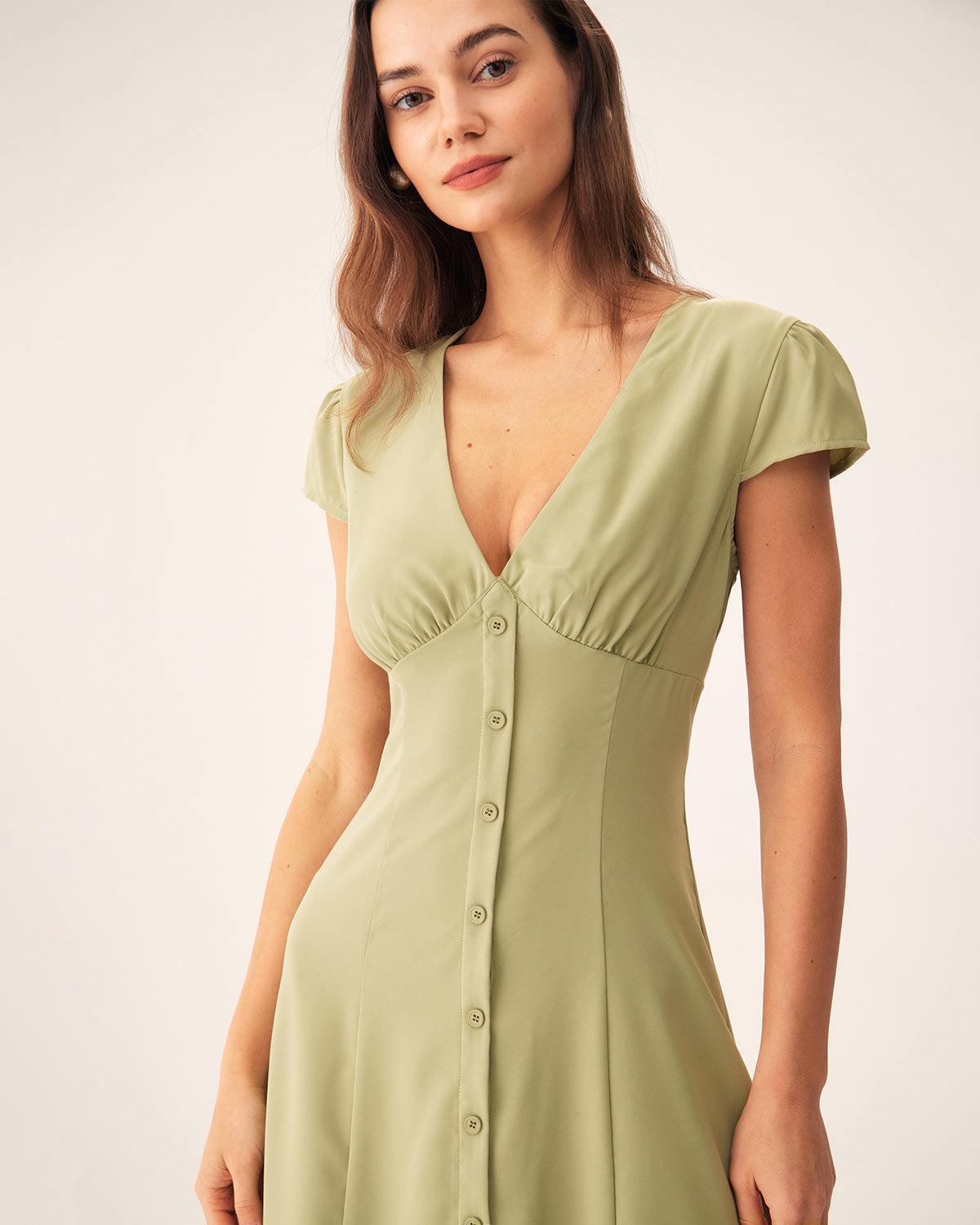 Green V-Neck Button Midi Dress Product Image