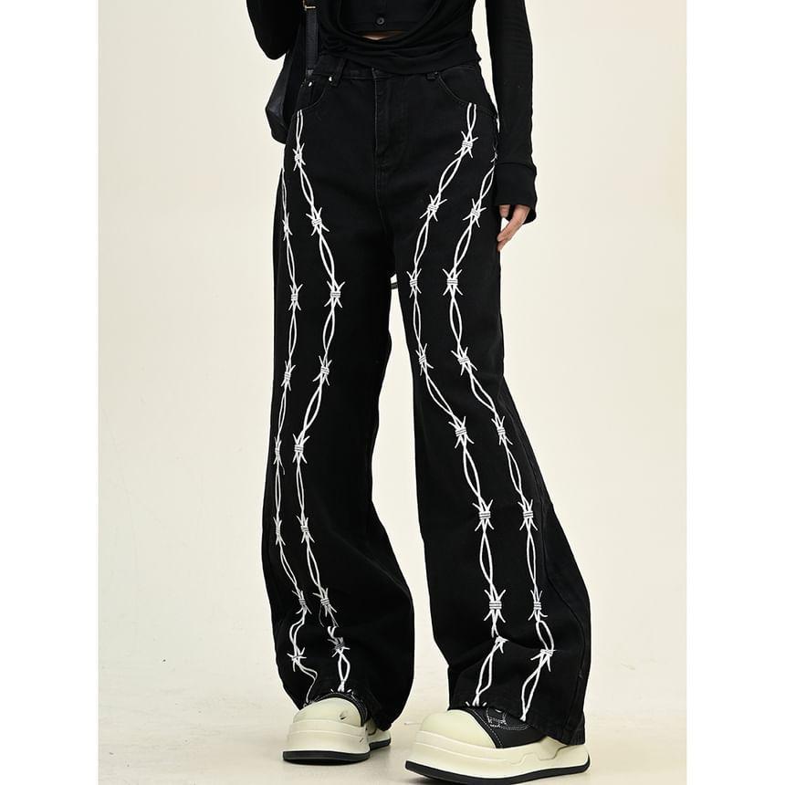 High Rise Barbed Wire Embroidered Wide Leg Jeans Product Image