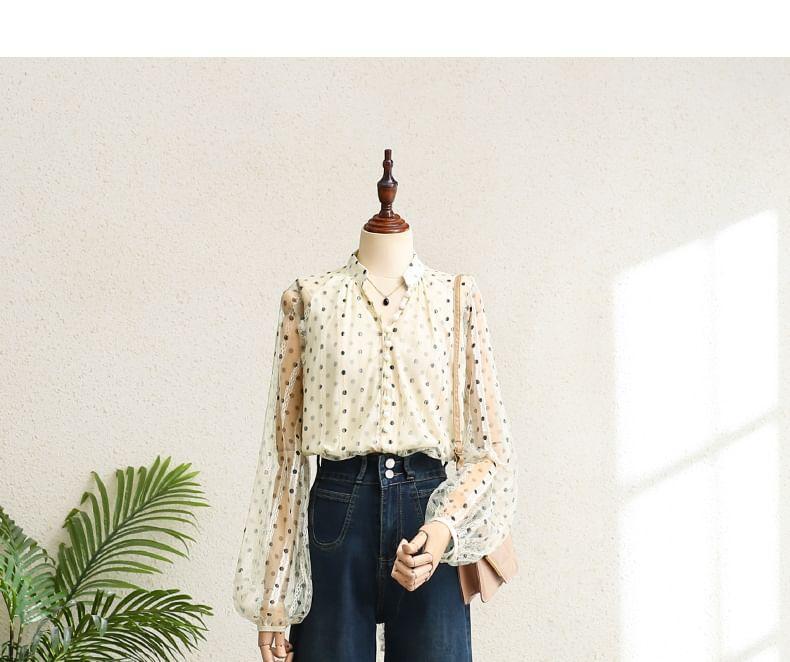 Balloon Sleeve Stand Collar Dotted Mesh Blouse Product Image