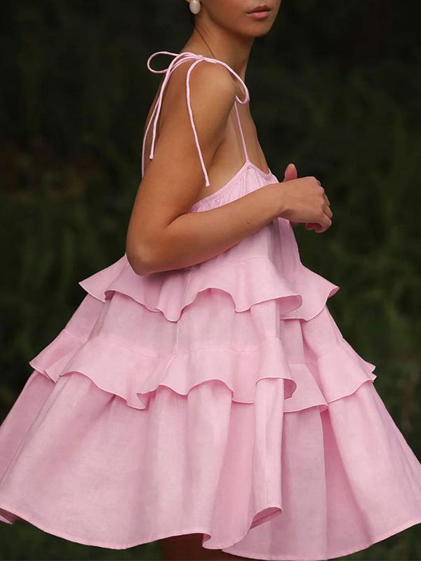 A-Line High Waisted Backless Layered Pleated Solid Color Spaghetti-Neck Mini Dresses Product Image