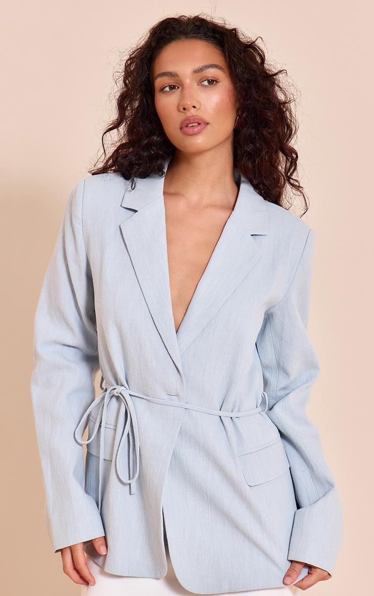 Light Blue Tie Waist Linen Look Blazer Product Image