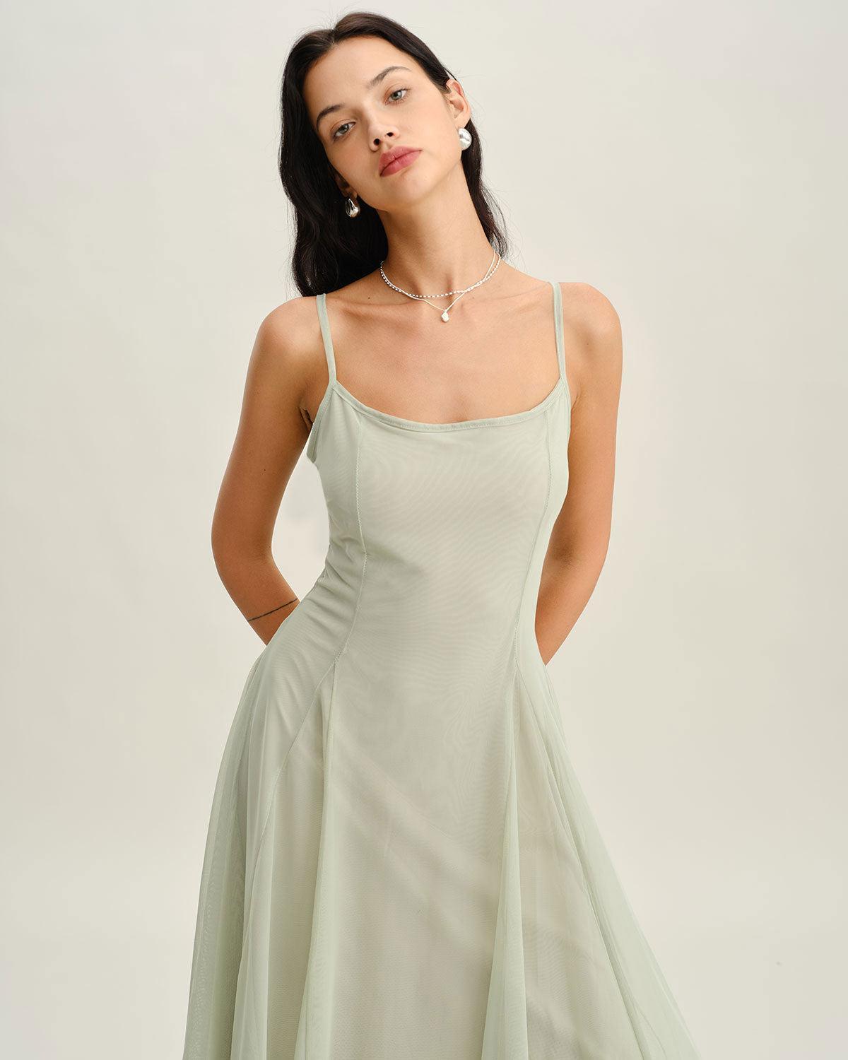 Green A-Line Slip Pleated Midi Dress Product Image