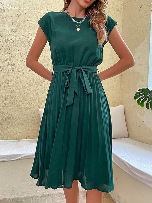 A-Line Loose Pleated Solid Color Tied Waist Round-Neck Midi Dresses Product Image