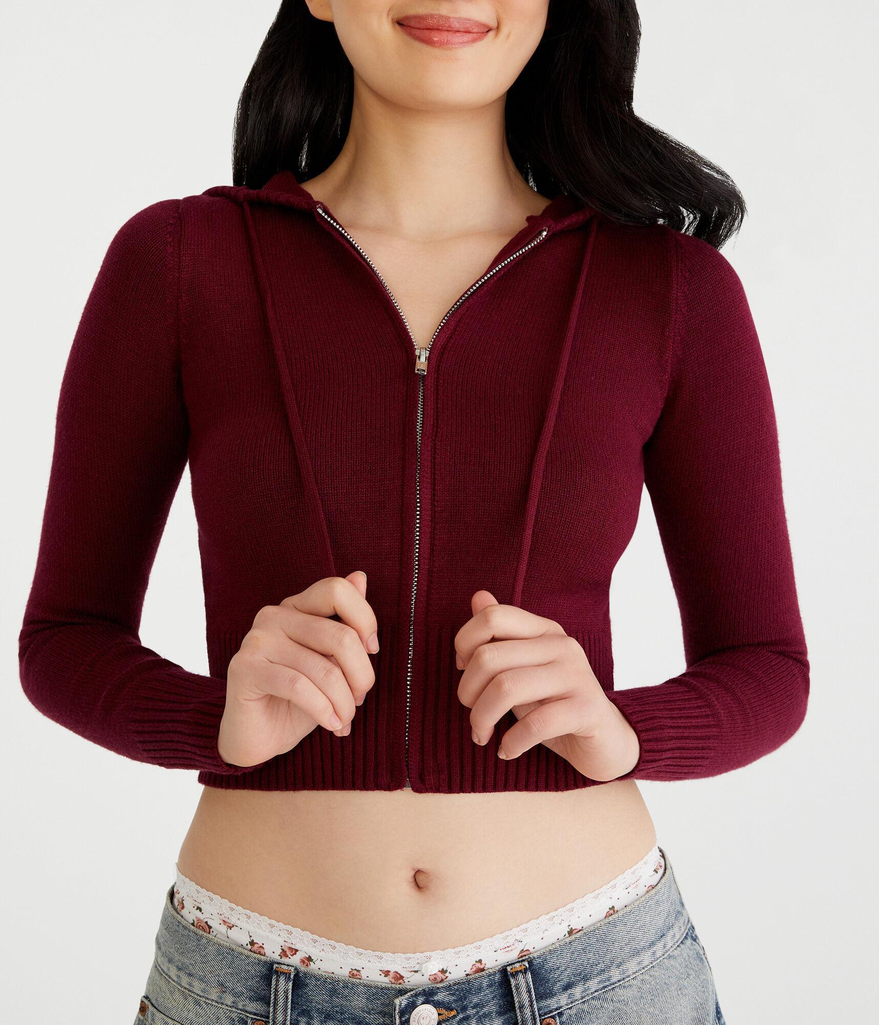 Solid Cropped Full-Zip Hooded Sweater Product Image