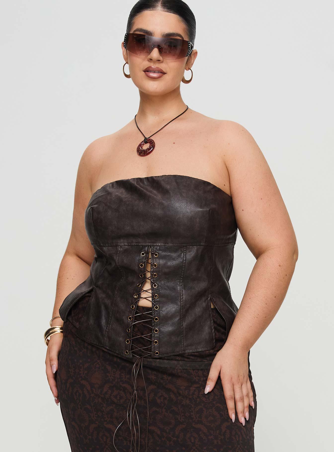 Afraid Strapless Faux Leather Top Brown Curve Product Image