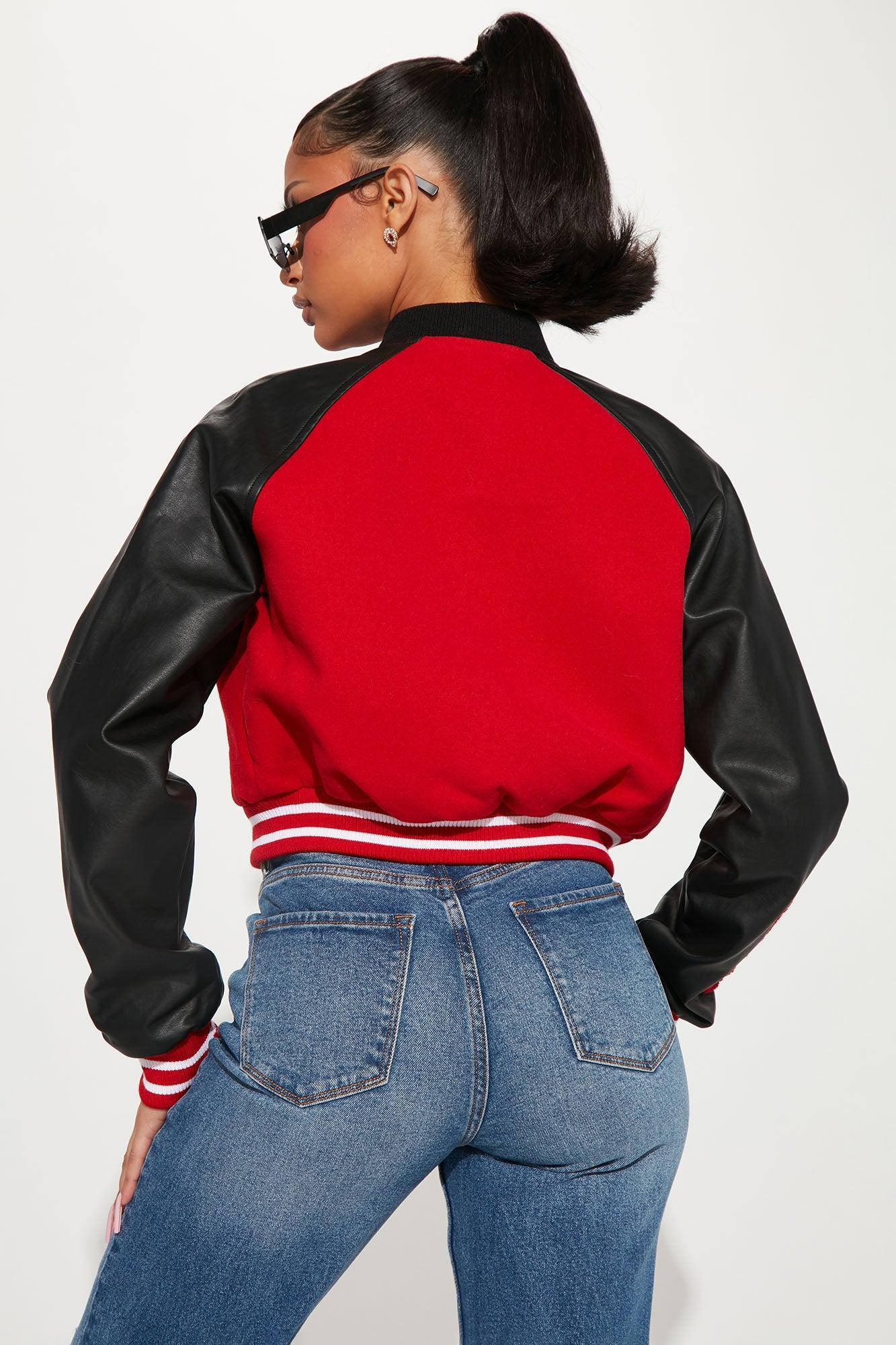 Bulls Cropped Letterman Jacket - Red/Black Female Product Image
