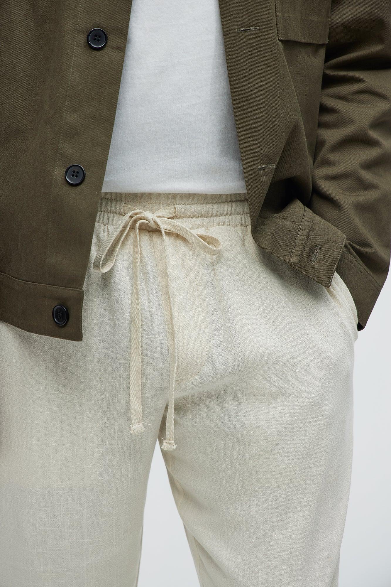 Solid Textured Linen Pull On Side Slit Pants - Cream Product Image