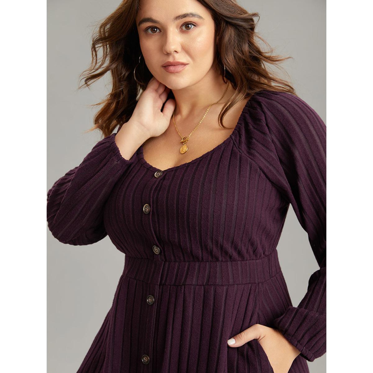 Plus Size Solid Rib Knit Gathered Scoop Neck Dress Purple Women Basics Elastic cuffs Scoop Neck Long Sleeve Curvy Midi Dress BloomChic 26/4X Product Image