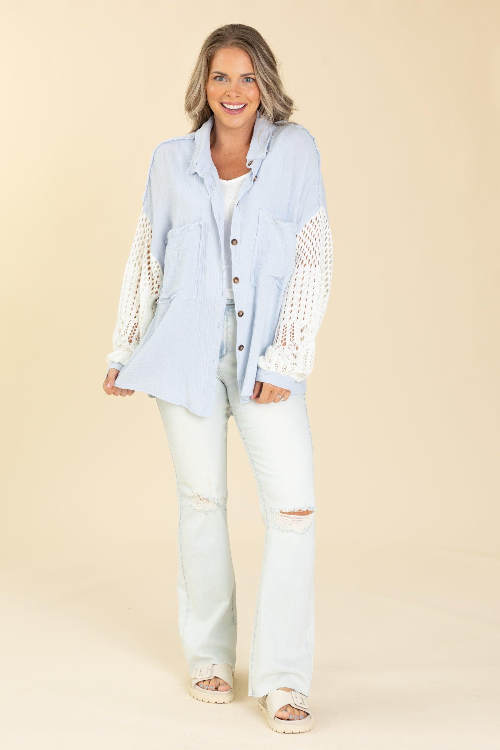 Contrast Sweater Sleeves Button Up Top Product Image