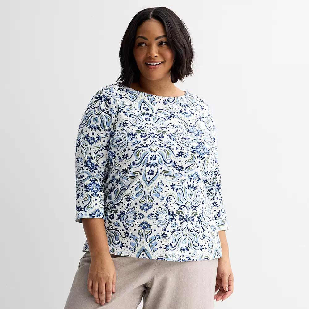 Plus Size Croft & Barrow® Boatneck Top, Women's, Size: 0X, Blue Ornate Floral Product Image