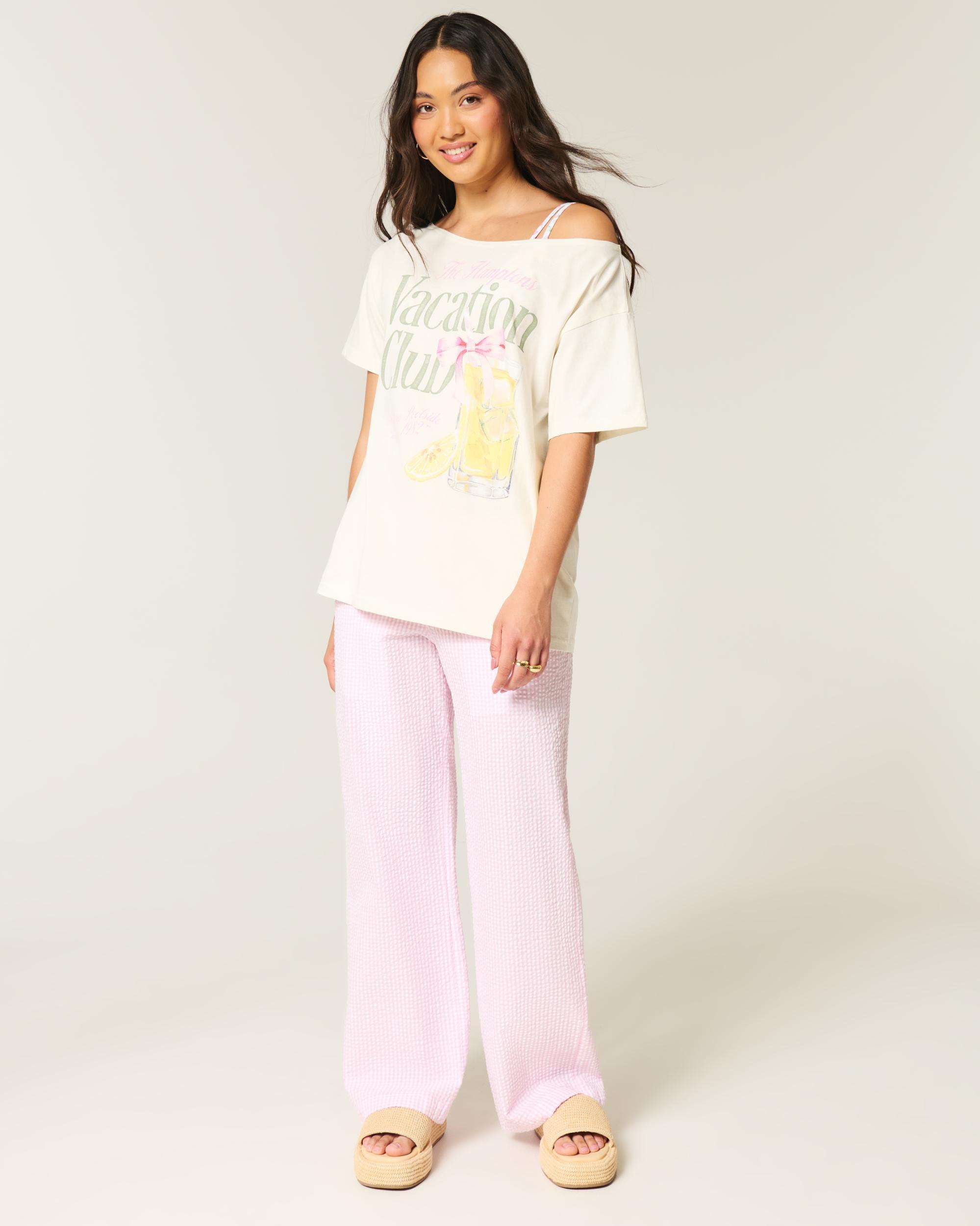 Oversized Off-the-Shoulder Hamptons Graphic Tee Product Image