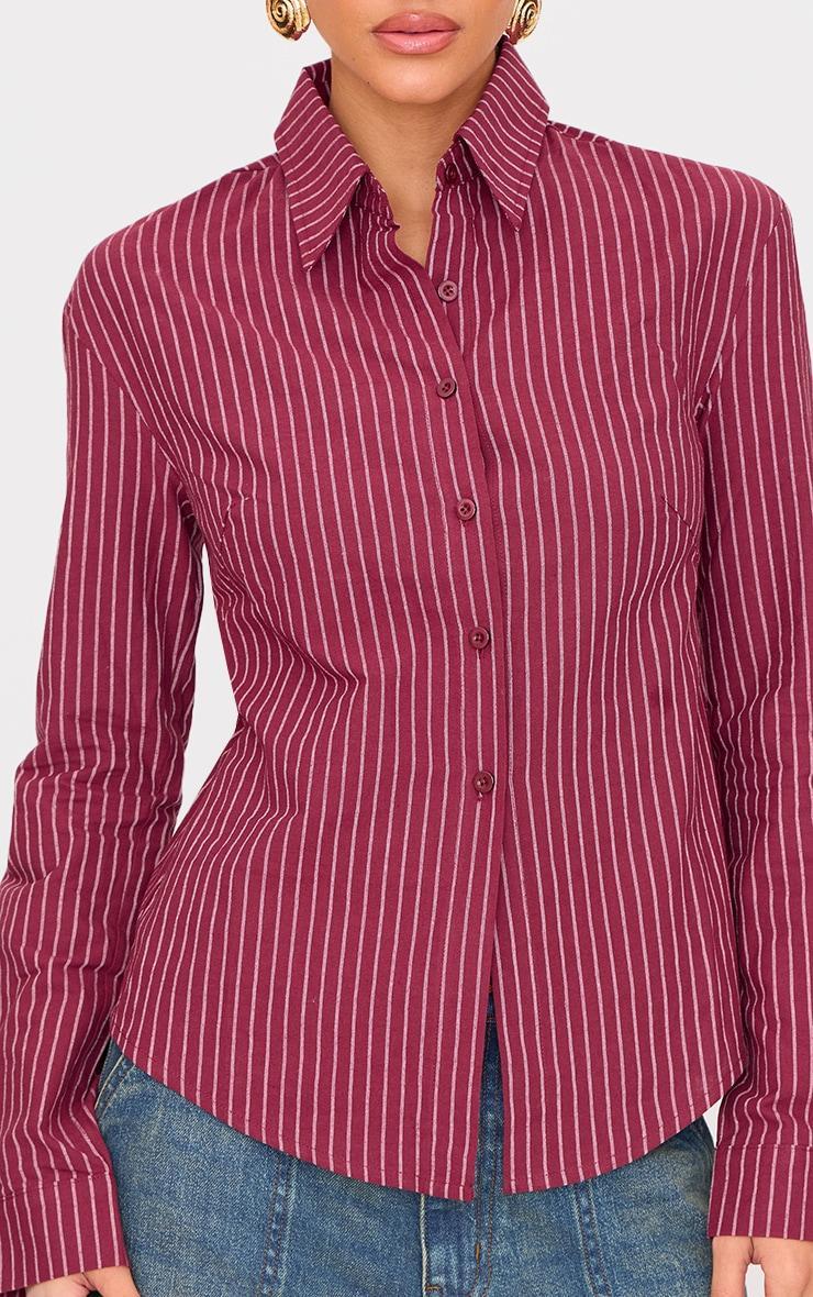 Burgundy Striped Fitted Open Tie Back Shirt Product Image