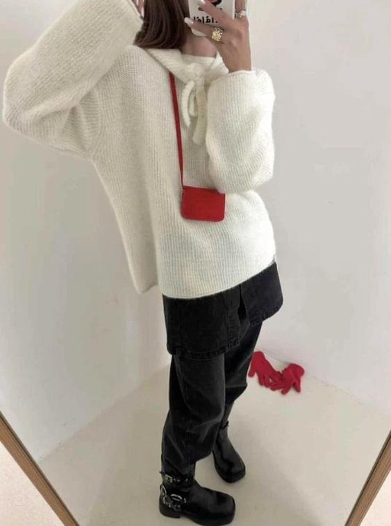 Long Sleeve Plain Loose-Fit Hooded Knit Top Product Image