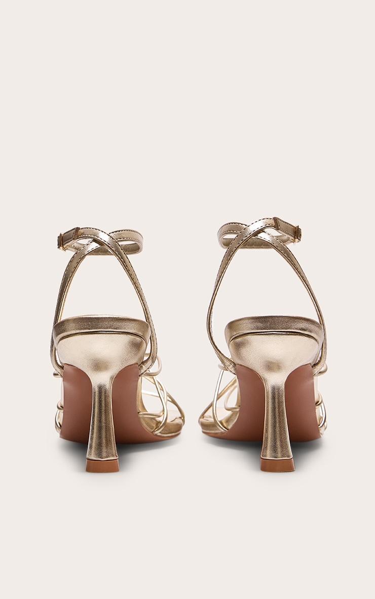 Gold PU Metallic Square Toe Cross Over Strappy Mid Heeled Sandals Product Image