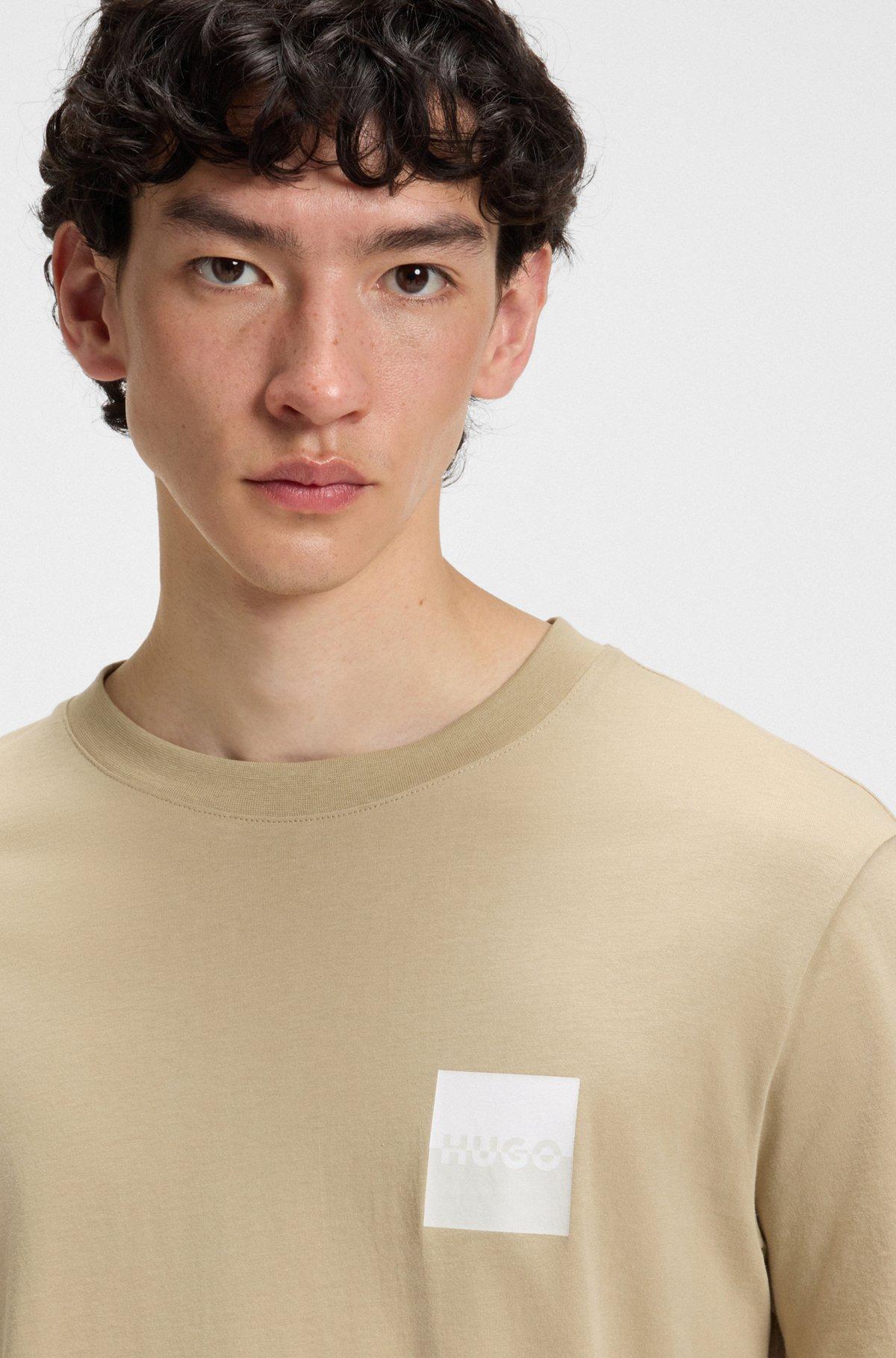 HUGO - Cotton-jersey T-shirt with curved-logo print - Beige Product Image