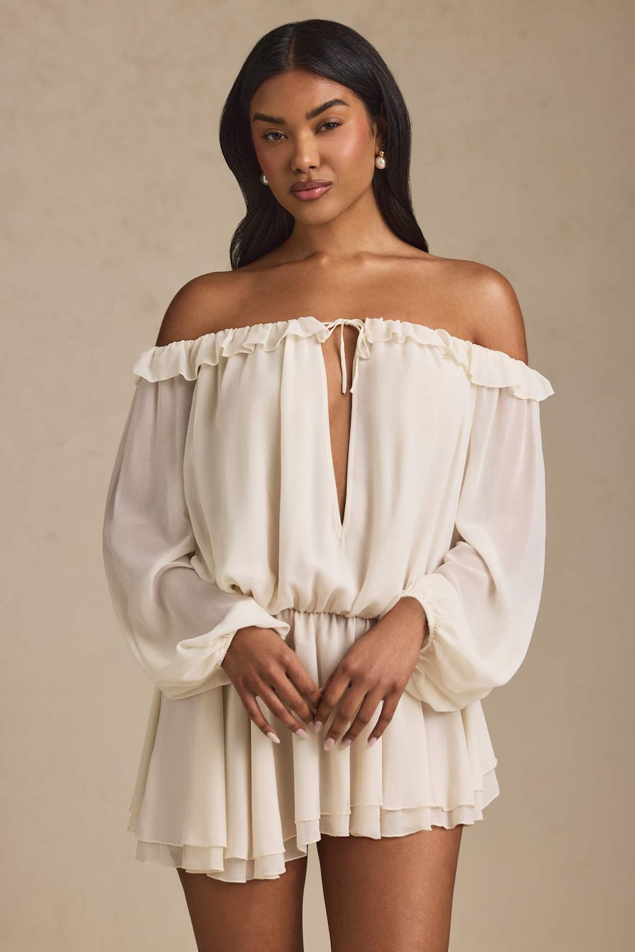 Off-Shoulder Asymmetric Balloon-Sleeve Mini Dress in Ivory Product Image